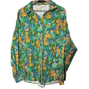Palms Away Top L Green Pink Linen Button Down Artsy Animal Leopard NWT Artsy